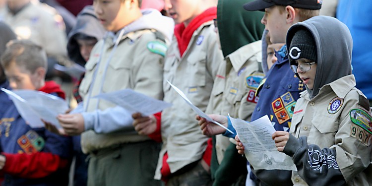 Scouts sing during the Peterloon Camporee Mass at Camp Friedlander in Loveland Sunday, October 9, 2016. (CT Photo/E.L. Hubbard)