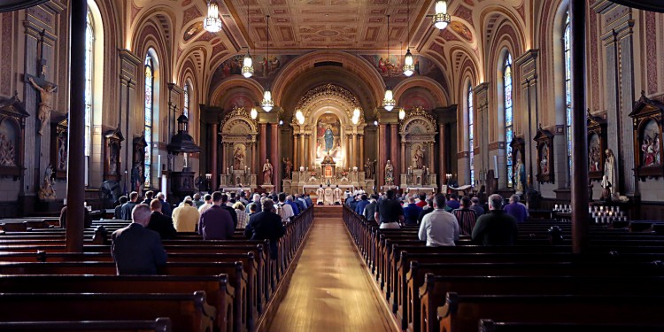 Men gather in Old St. Mary’s Church after the Men's Holy Name Society Eucharistic Procession through downtown Cincinnati on Saturday, October 8, 2016. (CT Photo/E.L. Hubbard)