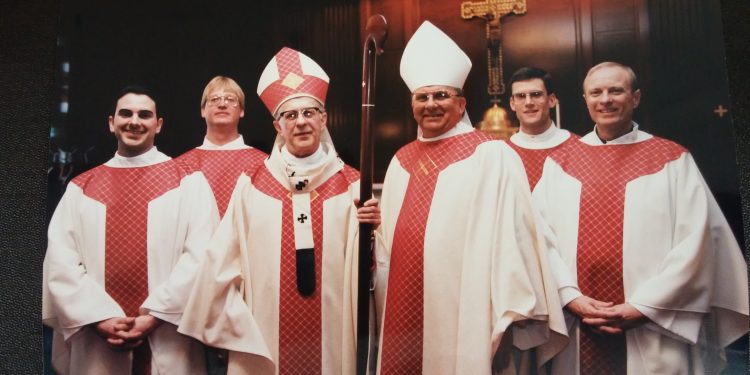 Archbishop Daniel Pilarczyk and Bishop Carl Moeddel with Fathers Jeffrey Fullmer, Mark Meyer, Patrick Sloneker, Ronald Piepmeyer