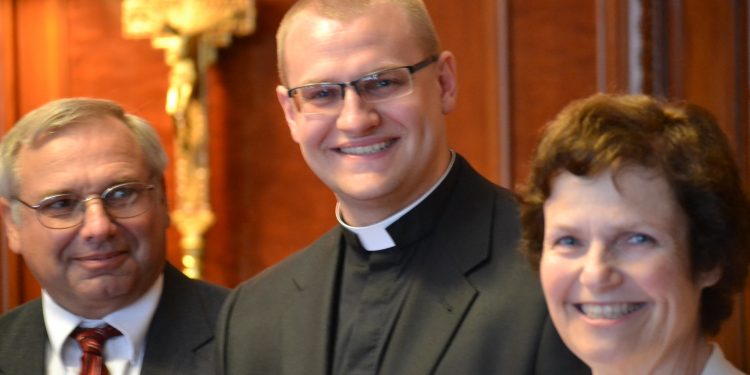 Deacon Mr. David Doseck with parents John and Teresa preparing for Ordination 2017 (Ct Photo/Greg Hartman)