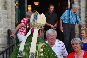 Greeting the faithful at the Rural Farm Mass 2017 (CT Photo/Greg Hartman)