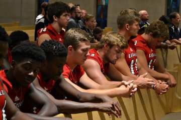 Men of La Salle pray the rosary at St. Gertrude (CT Photo/Greg Hartman)