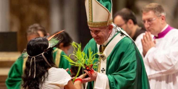 Pope Francis celebrates the closing Mass of Amazon synod October 27, 2019. Credit: Daniel Ibáñez/CNA