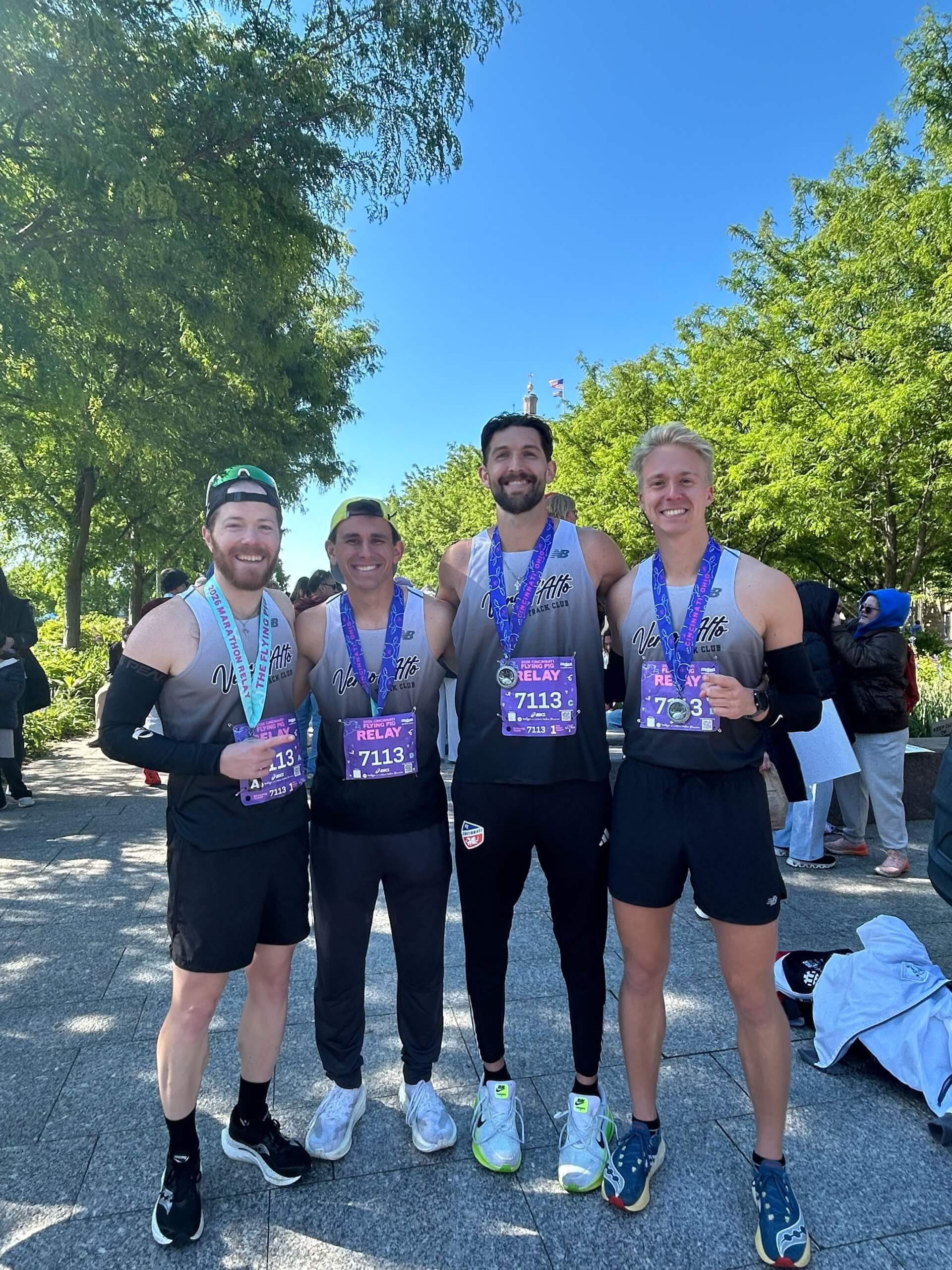 The seminarian-led Verso l’Alto Track Club team won 1st place in the Marathon 4-man Relay with a time of 2:30:39. | Chatham Anderson, Nick Merk, Kevin Bonfield, David Adamitis